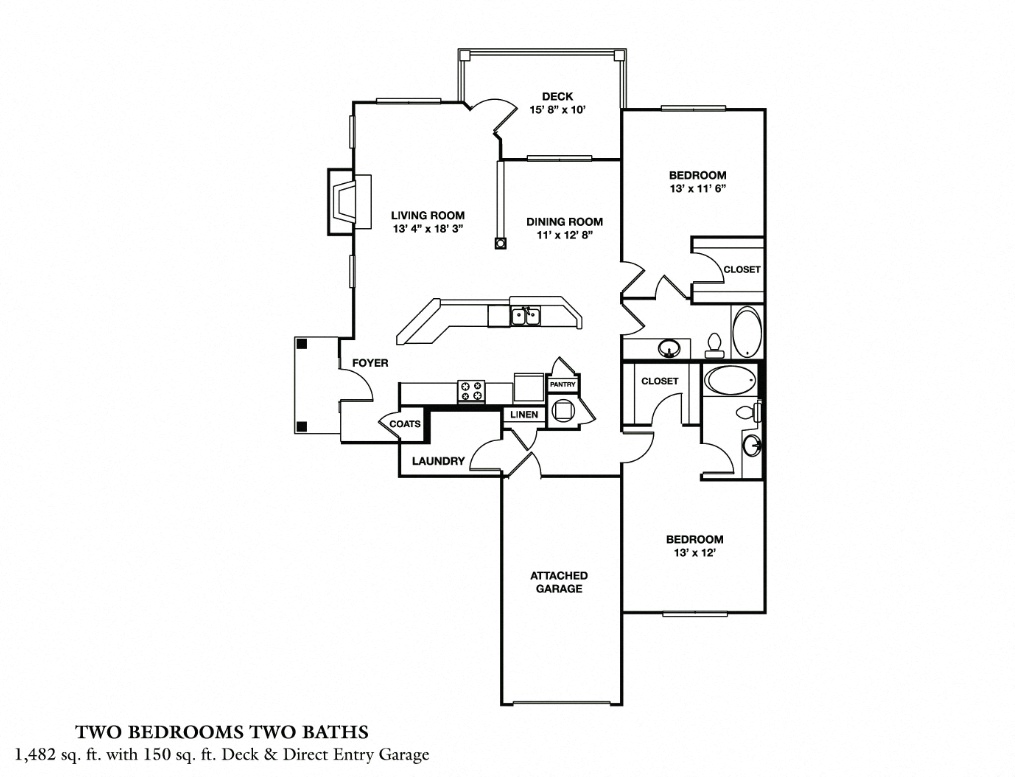 Floor plan for 2 beds, 2 baths, 1482 sqft